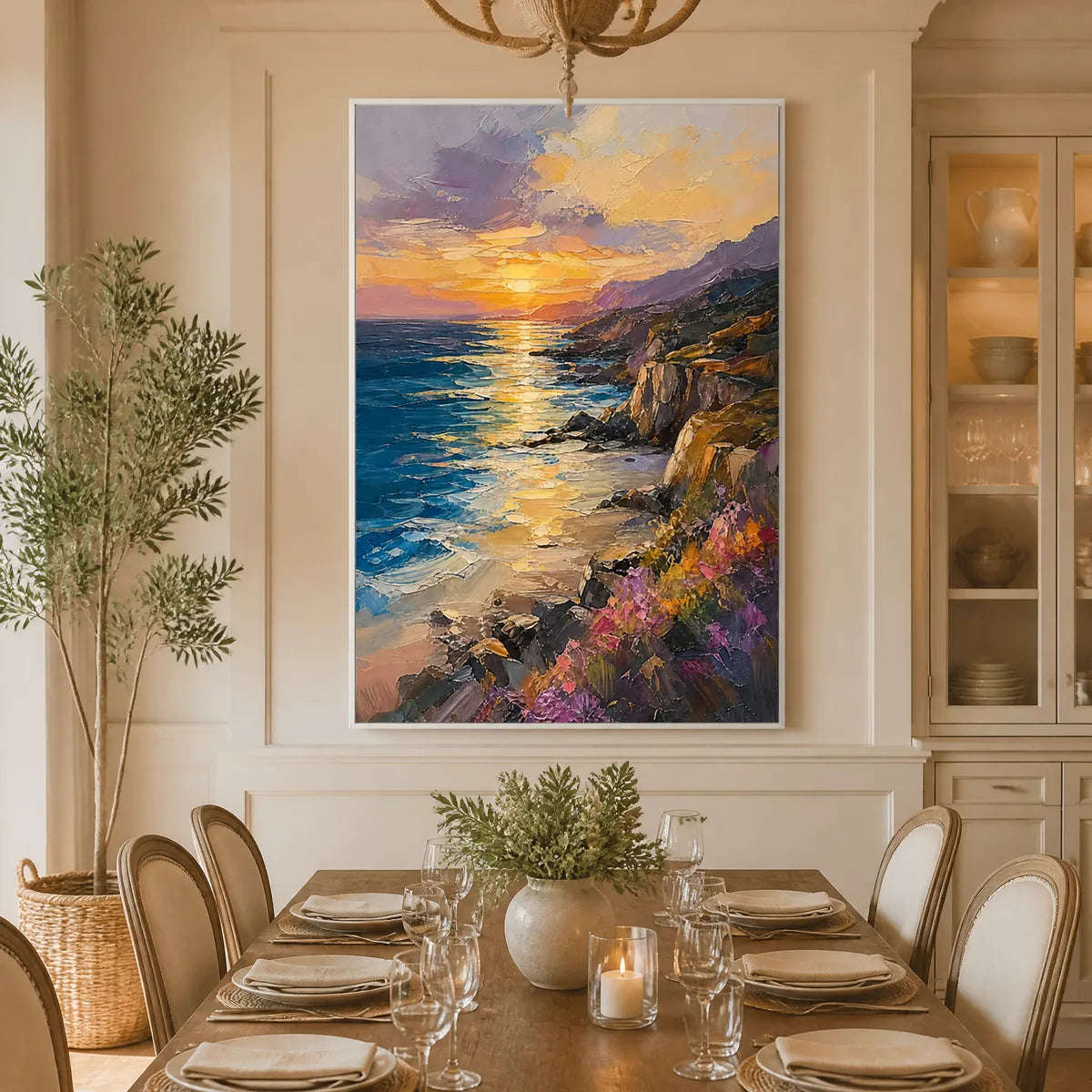 Sunset Cliffs hand-painted gold, burnt orange and slate blue textured mountain landscape painting