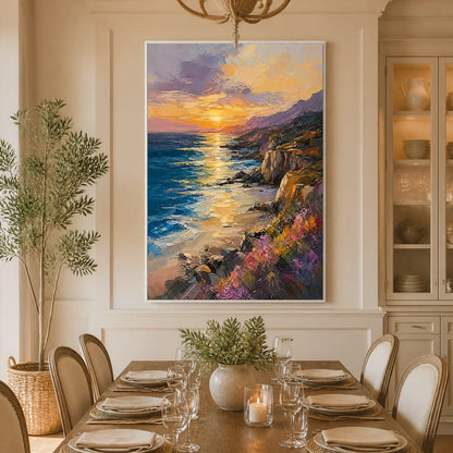 Sunset Cliffs hand-painted gold, burnt orange and slate blue textured mountain landscape painting