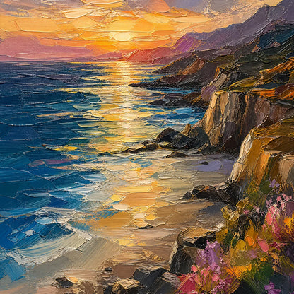 Sunset Cliffs hand-painted ocean blue, ivory and soft neutral tones textured sunset seascape painting
