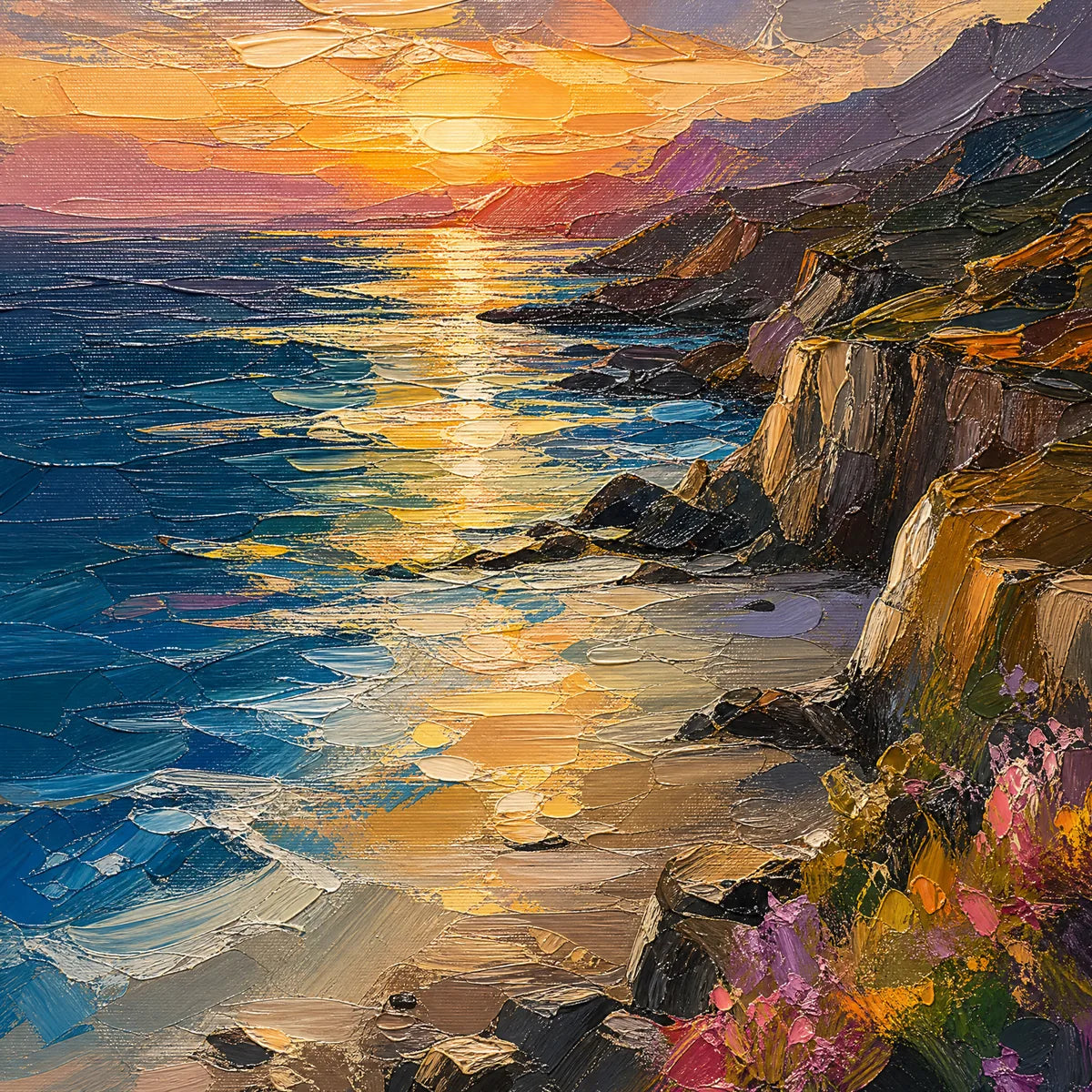 Sunset Cliffs hand-painted gold, burnt orange and slate blue textured mountain landscape painting