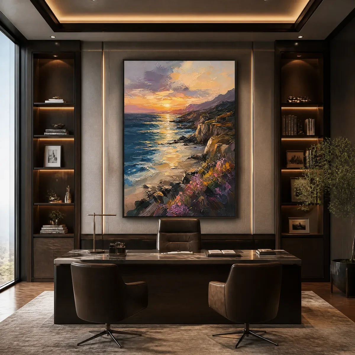 Sunset Cliffs hand-painted ocean blue, ivory and soft neutral tones textured sunset seascape painting