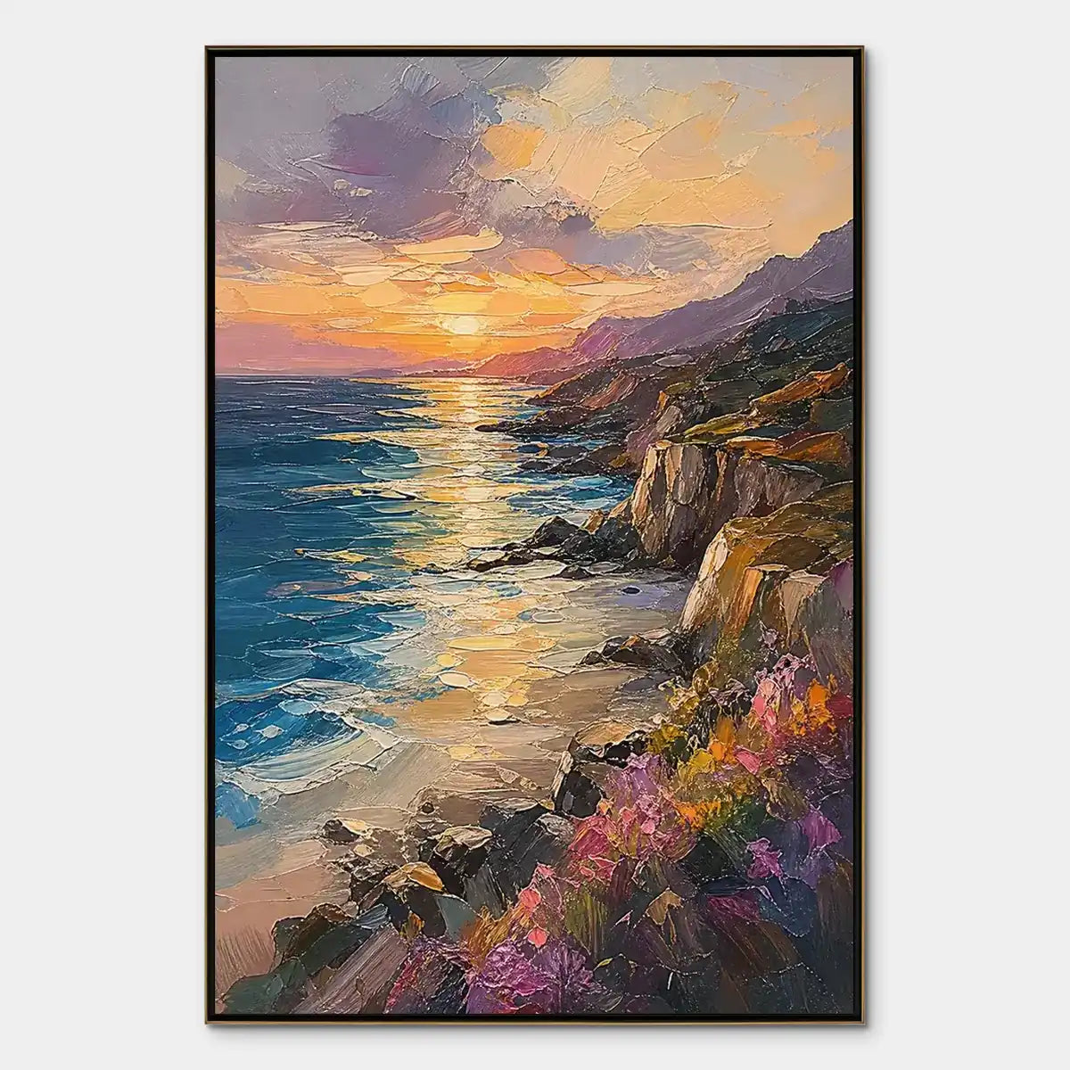 Sunset Cliffs hand-painted gold, burnt orange and slate blue textured mountain landscape painting