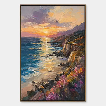 Sunset Cliffs hand-painted gold, burnt orange and slate blue textured mountain landscape painting