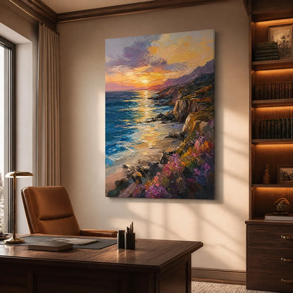 Sunset Cliffs hand-painted gold, burnt orange and slate blue textured mountain landscape painting