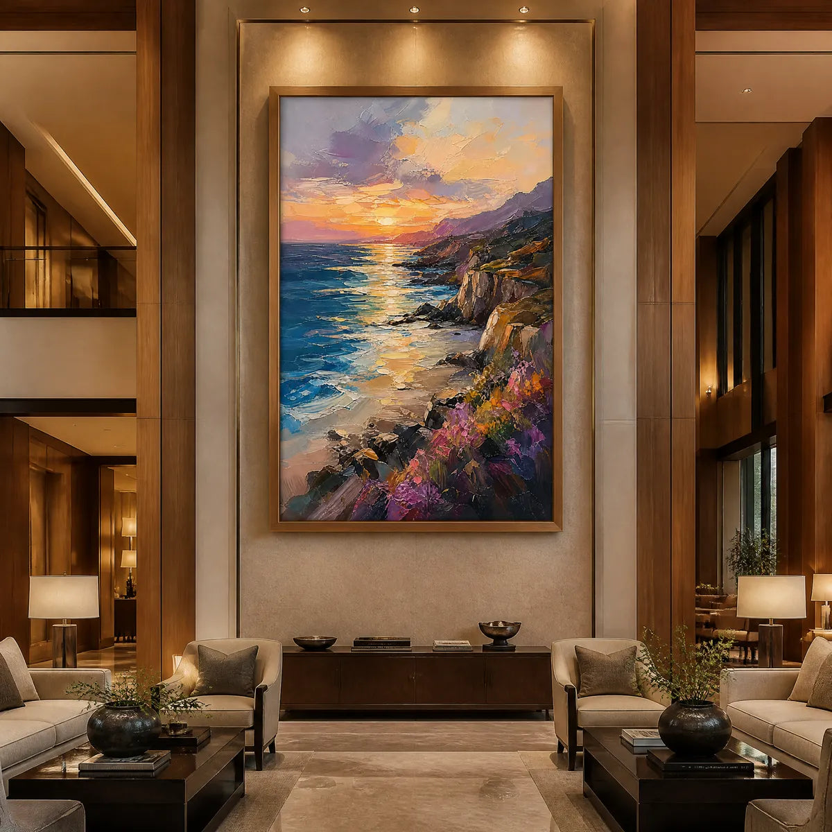 Sunset Cliffs hand-painted gold, burnt orange and slate blue textured mountain landscape painting