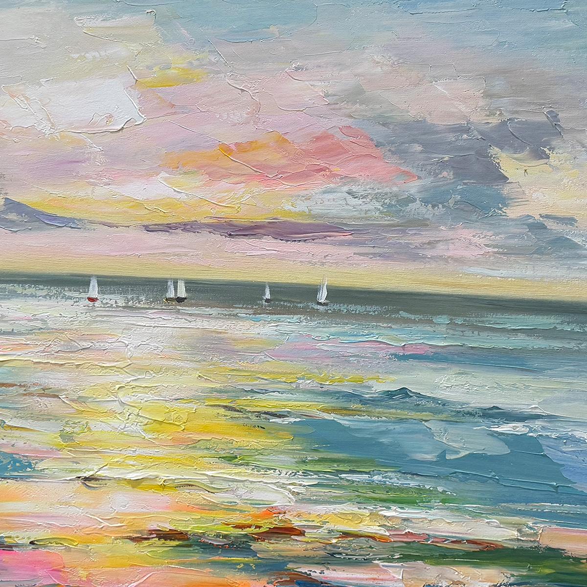 Sunset Sail hand-painted ocean blue, ivory and soft neutral tones textured sailboat seascape painting shown with silver frame