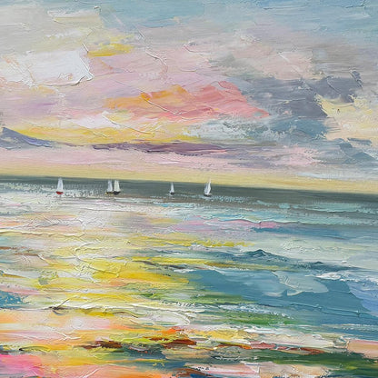 Sunset Sail hand-painted ocean blue, ivory and soft neutral tones textured sailboat seascape painting shown with silver frame