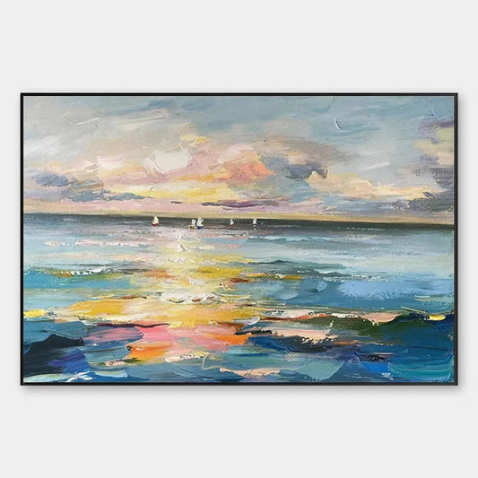 Sunset Sail hand-painted ocean blue, ivory and soft neutral tones textured sailboat seascape painting rolled canvas option