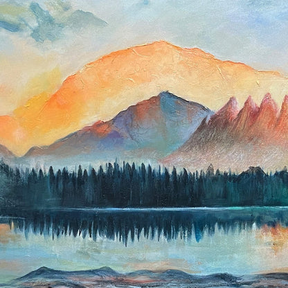 Sunset Serenity hand-painted gold, burnt orange and slate blue textured mountain lake painting shown with silver frame
