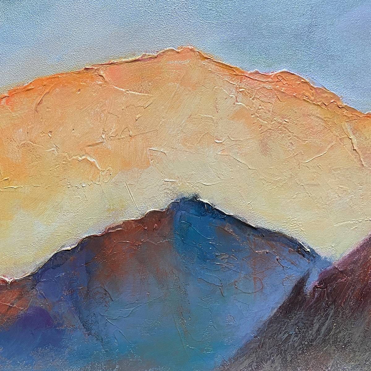 Sunset Serenity hand-painted gold, burnt orange and slate blue textured mountain lake painting rolled canvas option