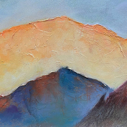 Sunset Serenity hand-painted gold, burnt orange and slate blue textured mountain lake painting rolled canvas option