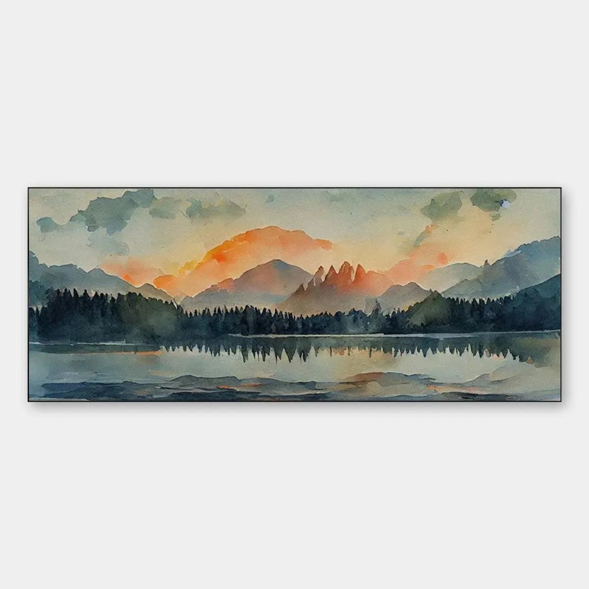 Sunset Serenity hand-painted gold, burnt orange and slate blue textured mountain lake painting rolled canvas option