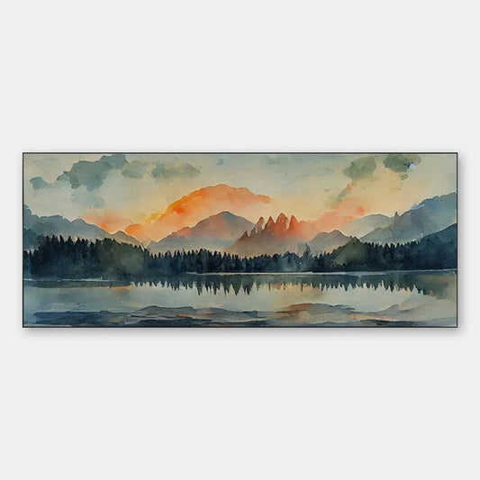 Sunset Serenity hand-painted gold, burnt orange and slate blue textured mountain lake painting rolled canvas option
