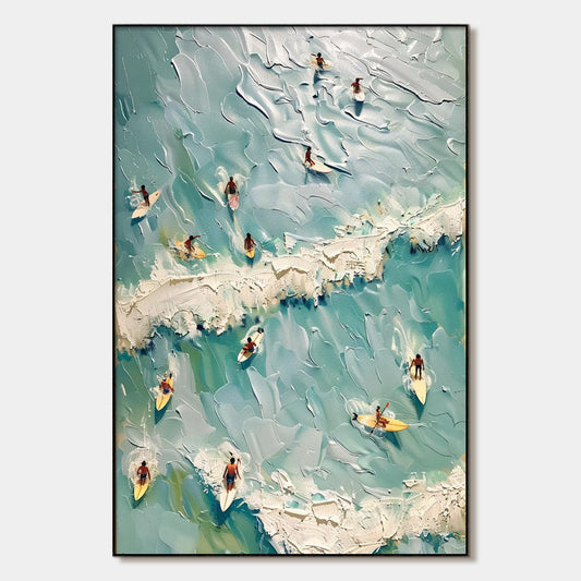 Surf's Up hand-painted ocean blue, ivory and soft neutral tones textured surfer ocean painting rolled canvas option