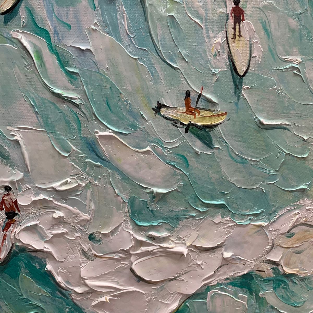 Surf's Up hand-painted ocean blue, ivory and soft neutral tones textured surfer ocean painting shown with silver frame