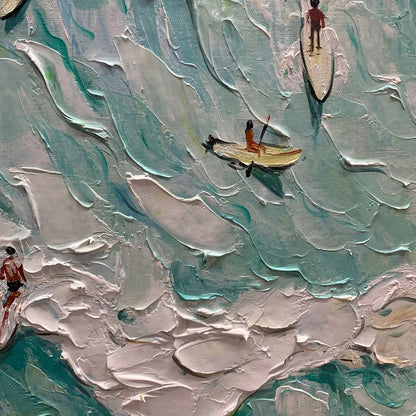 Surf's Up hand-painted ocean blue, ivory and soft neutral tones textured surfer ocean painting shown with silver frame