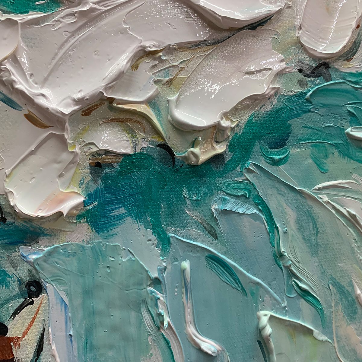 Surf's Up hand-painted ocean blue, ivory and soft neutral tones textured surfer ocean painting shown with black frame