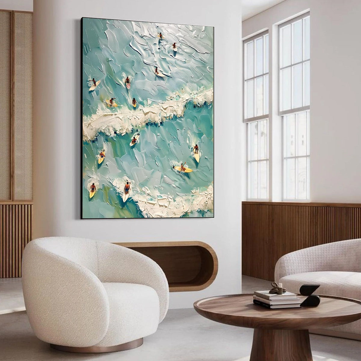 Surf's Up hand-painted ocean blue, ivory and soft neutral tones textured surfer ocean painting shown with white frame