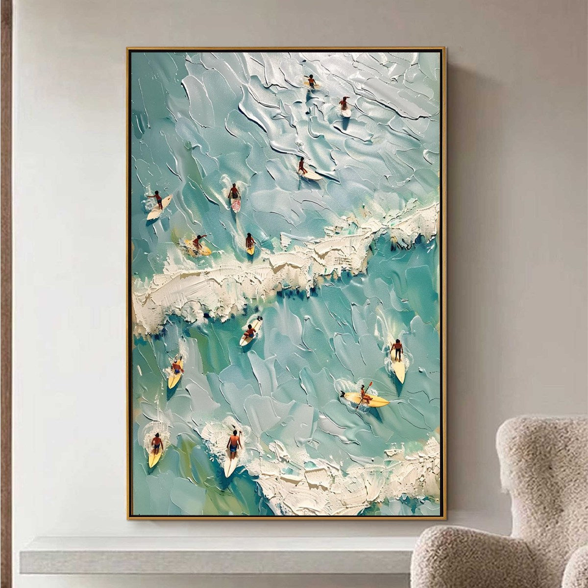 Surf's Up hand-painted ocean blue, ivory and soft neutral tones textured surfer ocean painting rolled canvas option