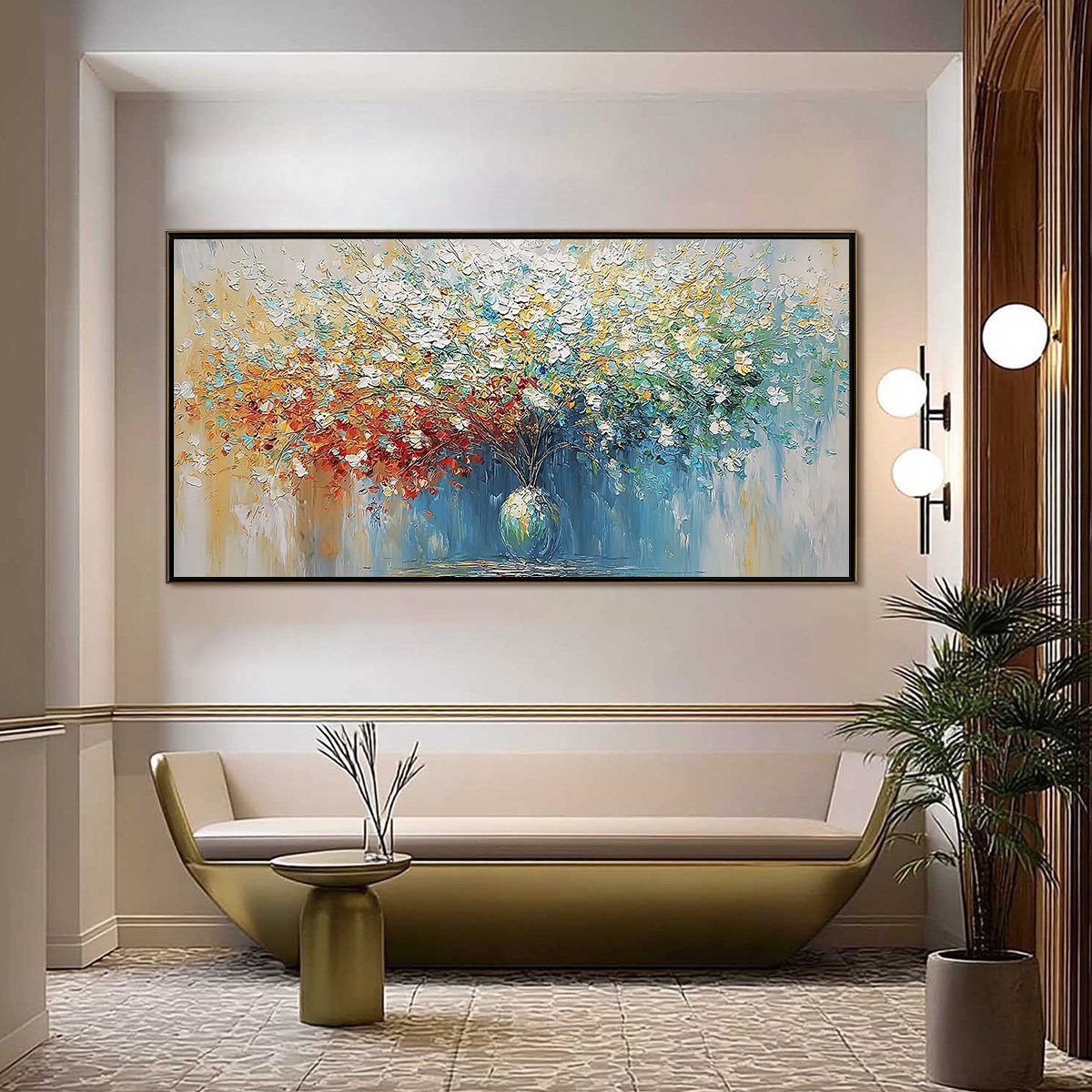 Symphony in Bloom hand-painted crimson, golden yellow, turquoise and violet textured blossom tree painting shown as stretched canvas