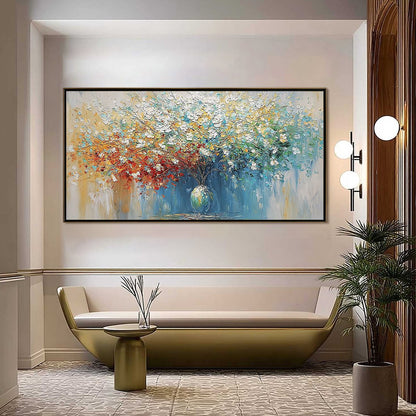 Symphony in Bloom hand-painted crimson, golden yellow, turquoise and violet textured blossom tree painting shown as stretched canvas
