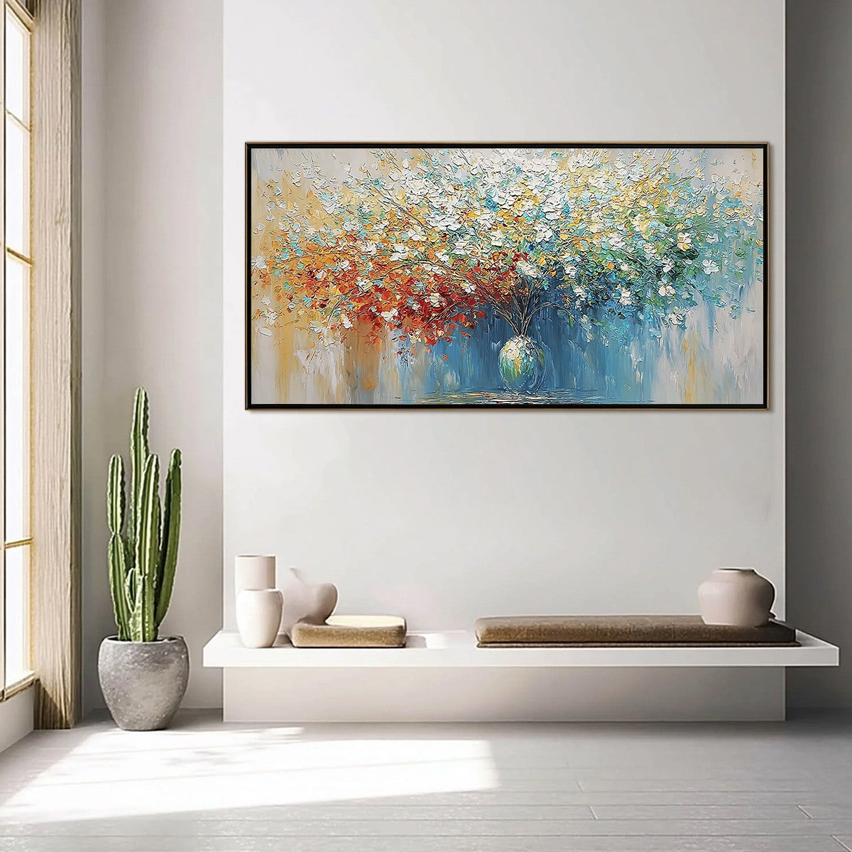 Symphony in Bloom hand-painted crimson, golden yellow, turquoise and violet textured blossom tree painting shown with silver frame