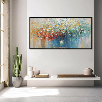 Symphony in Bloom hand-painted crimson, golden yellow, turquoise and violet textured blossom tree painting shown with silver frame