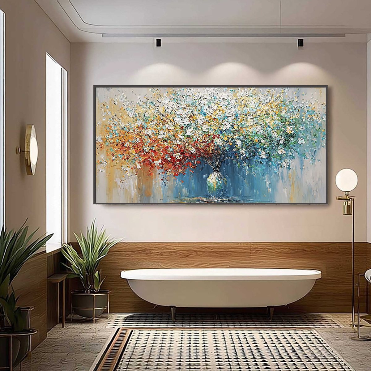 Symphony in Bloom hand-painted crimson, golden yellow, turquoise and violet textured blossom tree painting shown with black frame