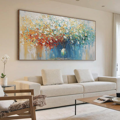 Symphony in Bloom hand-painted crimson, golden yellow, turquoise and violet textured blossom tree painting shown with wood frame