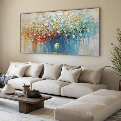 Symphony in Bloom hand-painted crimson, golden yellow, turquoise and violet textured blossom tree painting rolled canvas option