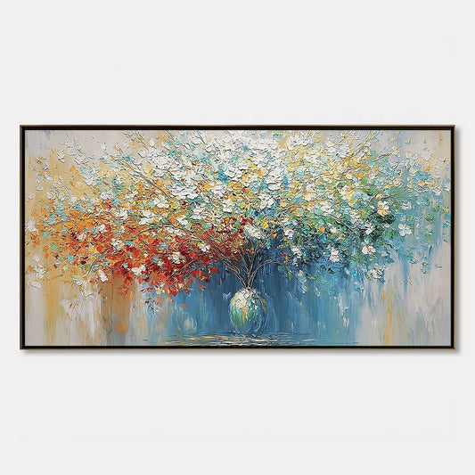 Symphony in Bloom hand-painted crimson, golden yellow, turquoise and violet textured blossom tree painting rolled canvas option