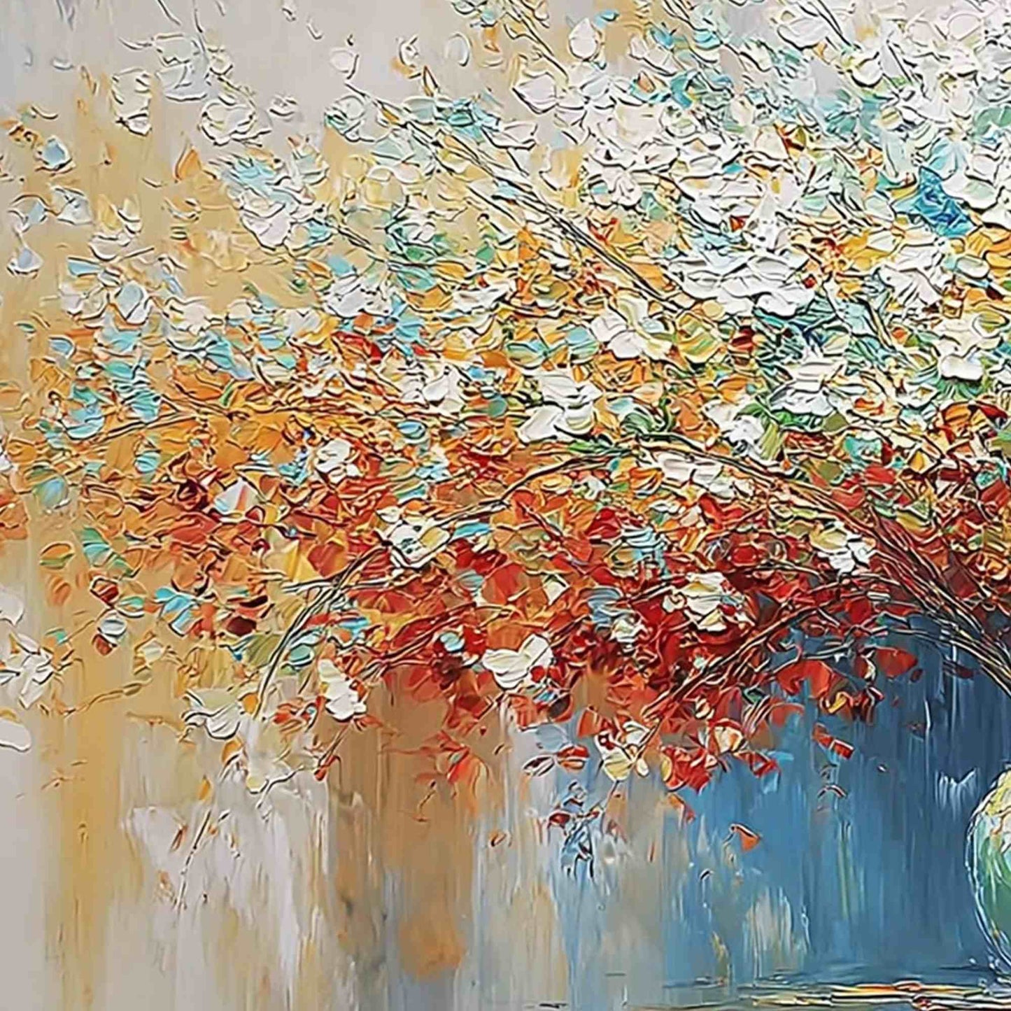 Symphony in Bloom hand-painted crimson, golden yellow, turquoise and violet textured blossom tree painting shown with gold frame