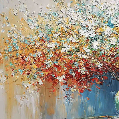 Symphony in Bloom hand-painted crimson, golden yellow, turquoise and violet textured blossom tree painting shown with gold frame