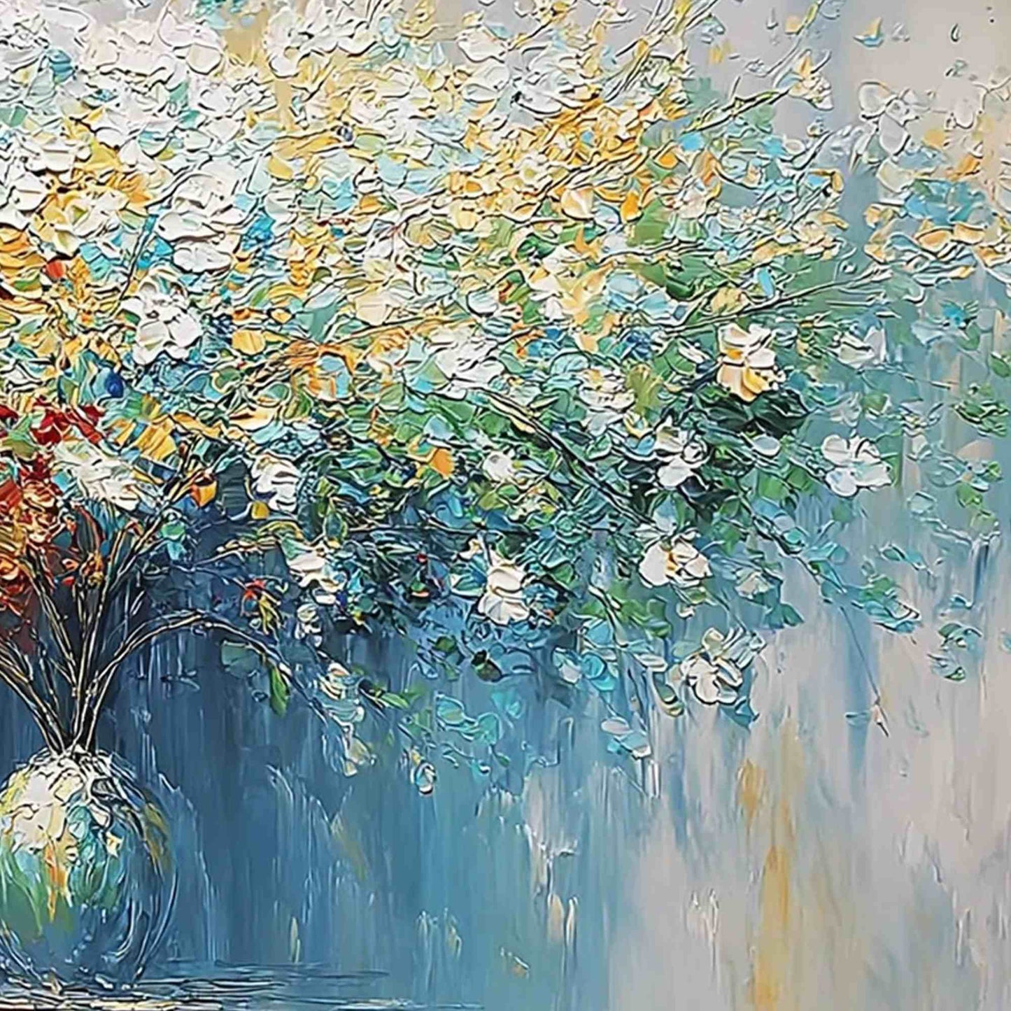 Symphony in Bloom hand-painted crimson, golden yellow, turquoise and violet textured blossom tree painting shown with white frame