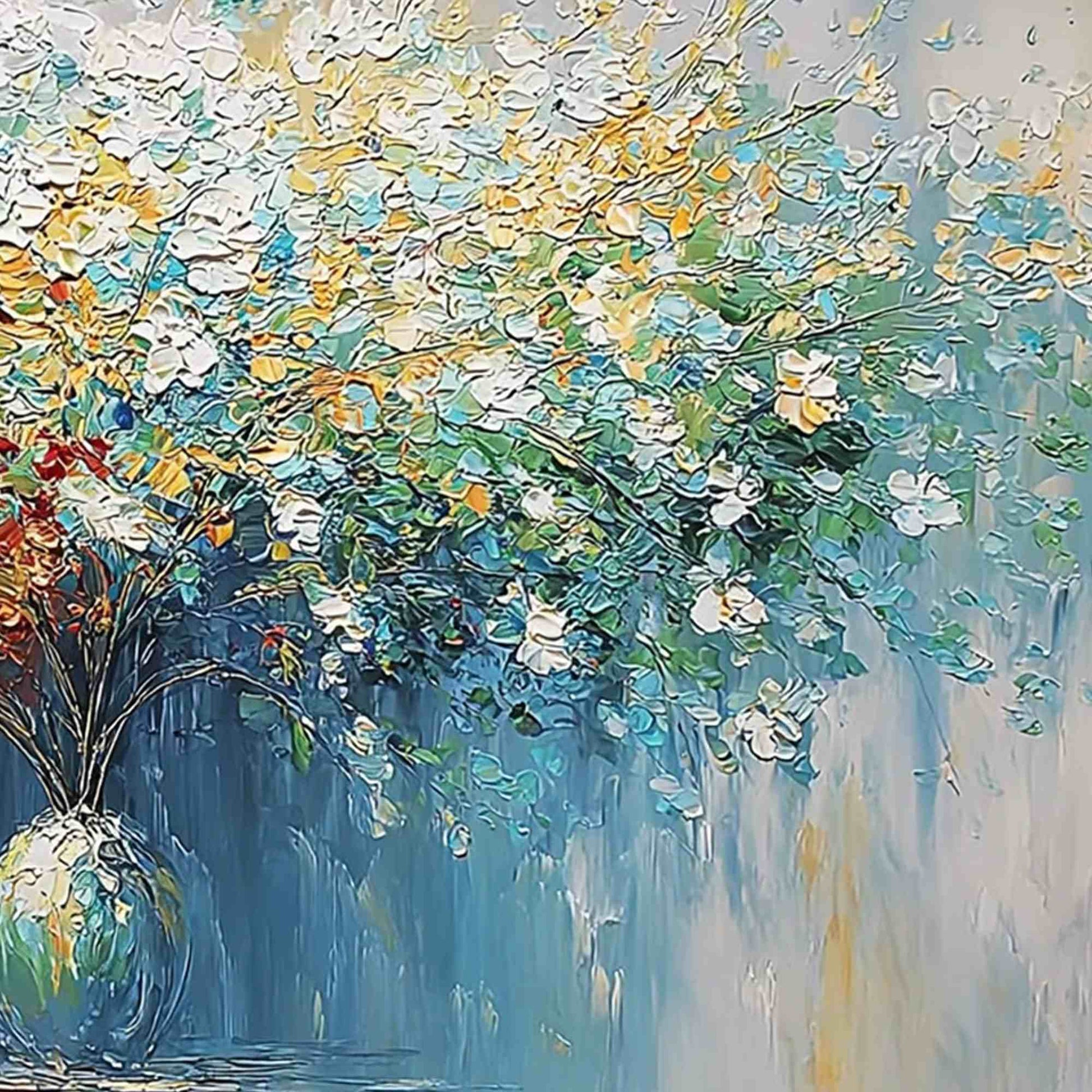 Symphony in Bloom hand-painted crimson, golden yellow, turquoise and violet textured blossom tree painting shown with white frame