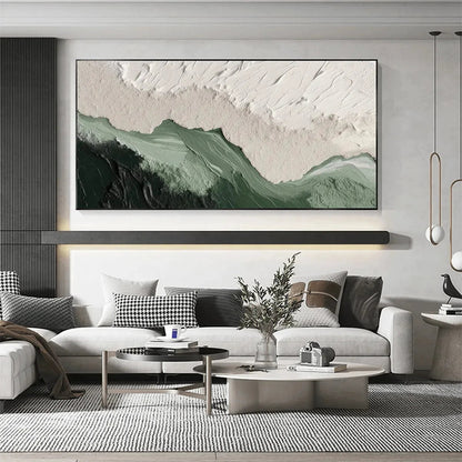 Sage River hand-painted white and sage green textured coastal landscape painting shown with white frame