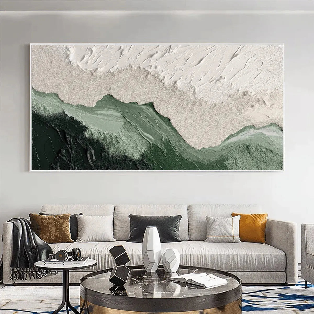 Sage River hand-painted white and sage green textured coastal landscape painting shown as stretched canvas