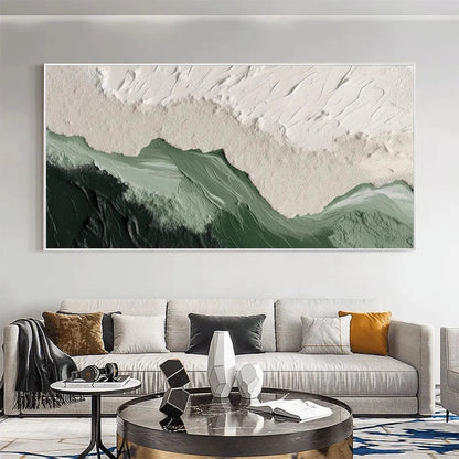 Sage River hand-painted white and sage green textured coastal landscape painting shown as stretched canvas