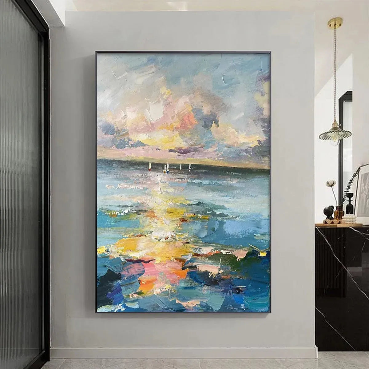 Sailboats At Sunset hand-painted ocean blue, ivory and soft neutral tones textured sailboat seascape painting shown with wood frame