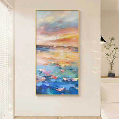 Sailing At Sunset hand-painted ocean blue, ivory and soft neutral tones textured sailboat seascape painting shown as stretched canvas