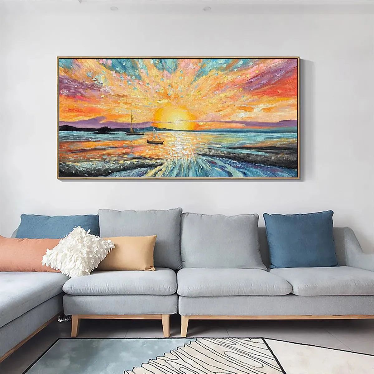 Sailing At Sunset hand-painted ocean blue, ivory and soft neutral tones textured sailboat seascape painting shown with white frame