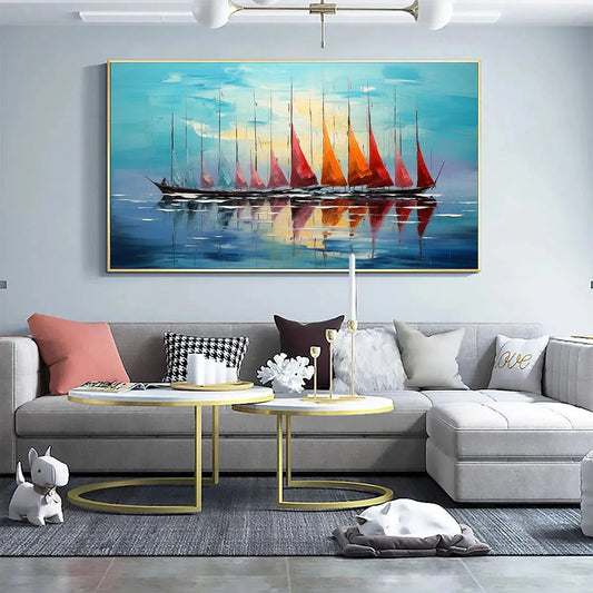 Sailing Into Sunset hand-painted ocean blue, ivory and soft neutral tones textured sailboat seascape painting shown as stretched canvas