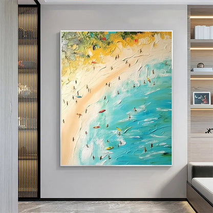 Seaside Reverie hand-painted sand and ivory textured beach scene painting shown with white frame