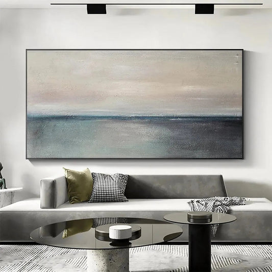 Serene Horizon hand-painted ocean blue, ivory and soft neutral tones textured coastal abstract painting shown as stretched canvas