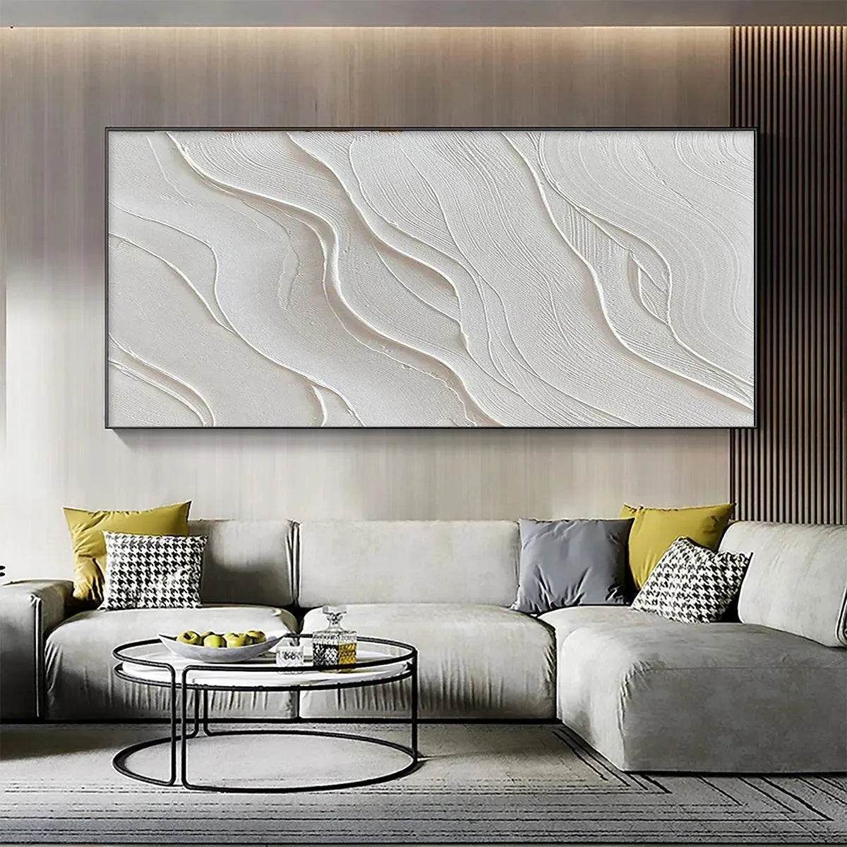 Serene Ripples hand-painted white and soft beige textured coastal abstract painting shown with white frame