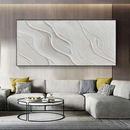 Serene Ripples hand-painted white and soft beige textured coastal abstract painting shown with white frame