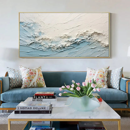 Serene Seascape hand-painted white, beige and ocean blue textured coastal abstract painting shown with gold frame