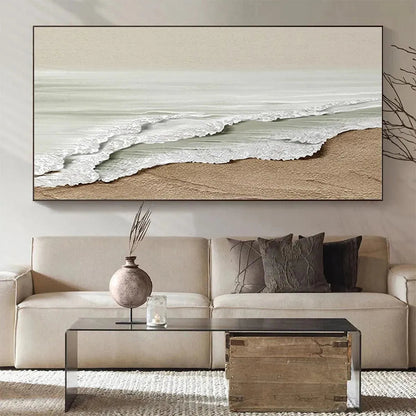 Serene Shore hand-painted beige and ivory textured coastal landscape painting shown as stretched canvas