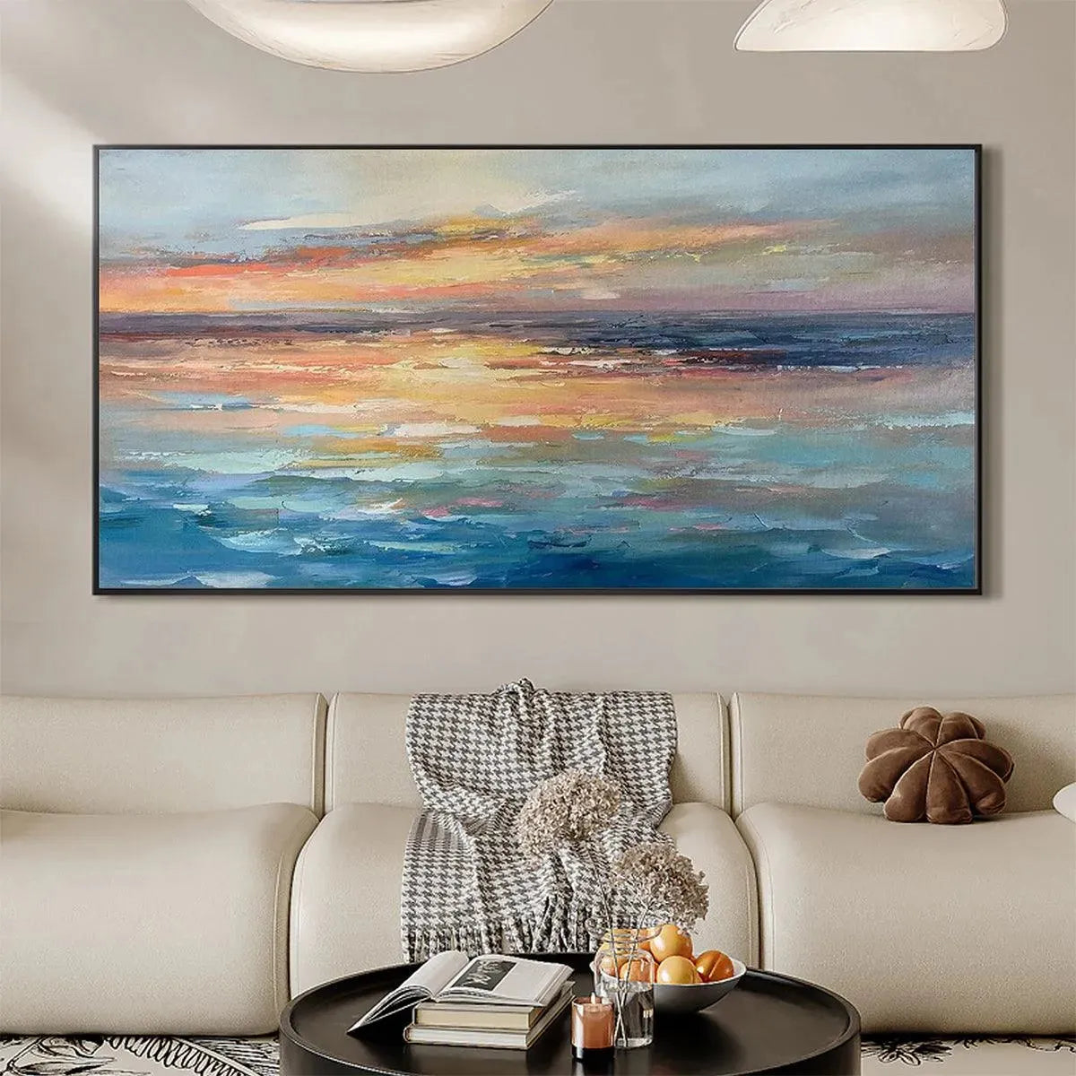 Serene Sunset hand-painted ocean blue, ivory and soft neutral tones textured sunset seascape painting shown with white frame