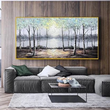 Serene Waters hand-painted ocean blue and green textured forest landscape painting shown as stretched canvas